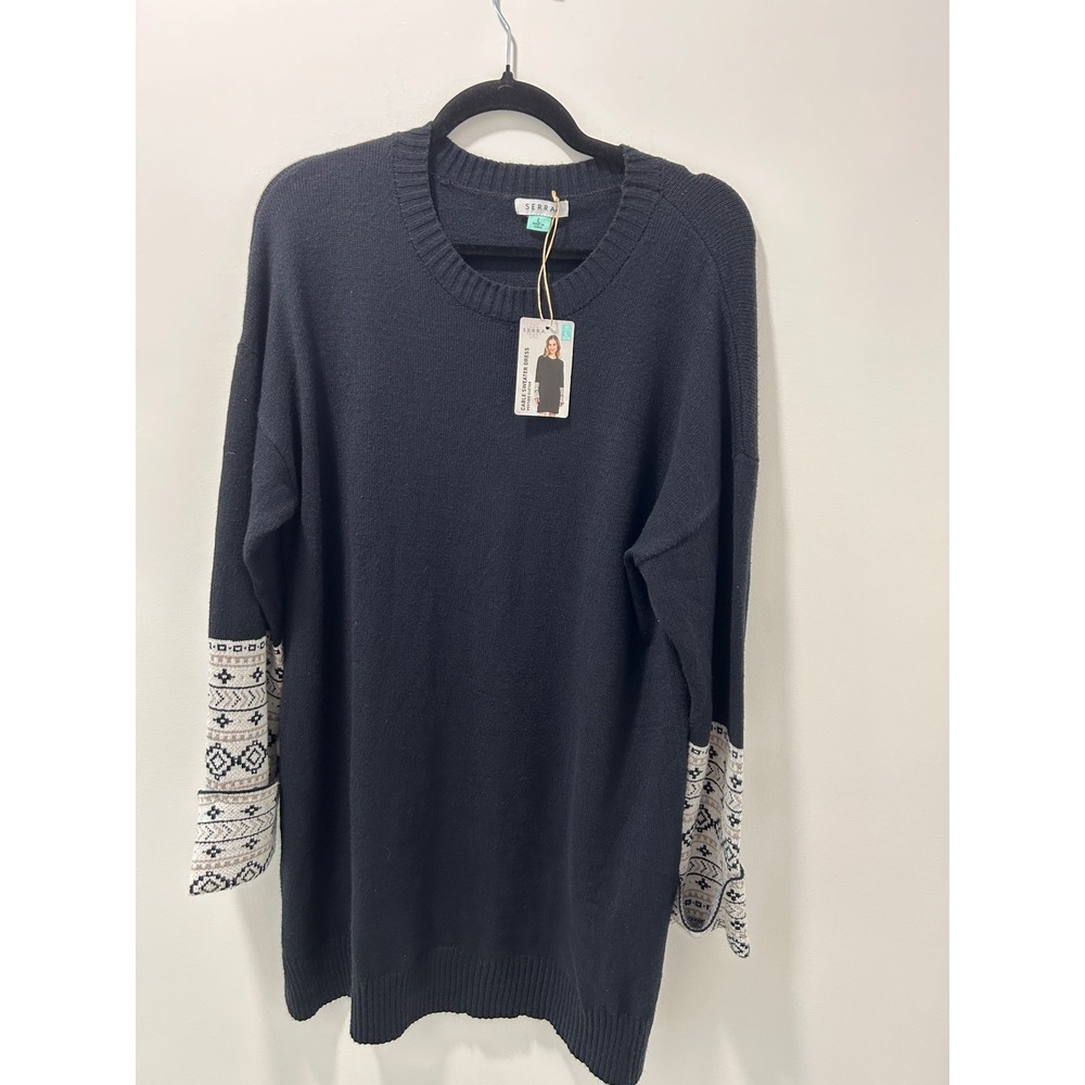 NWT Serra Black Cable Sweater Dress Womens Large Fair Isle Cuffs Long Sleeve New